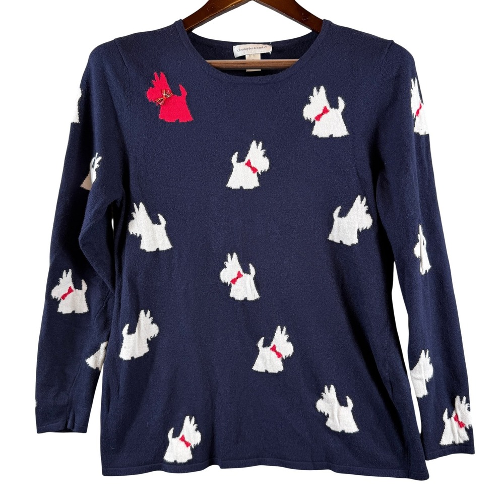 Christopher & Banks Womens M Navy Blue Scottie Dog Sweater Red White Plaid Bow